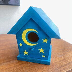 Celestial Moon Star Birdhouse Blue Wooden Cottage Whimsigoth Garden Decor